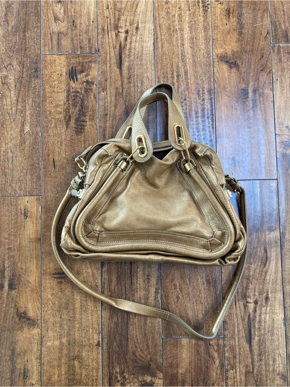 Authentic Chloé Paraty Gold Leather Shoulder Bag with Double Handles